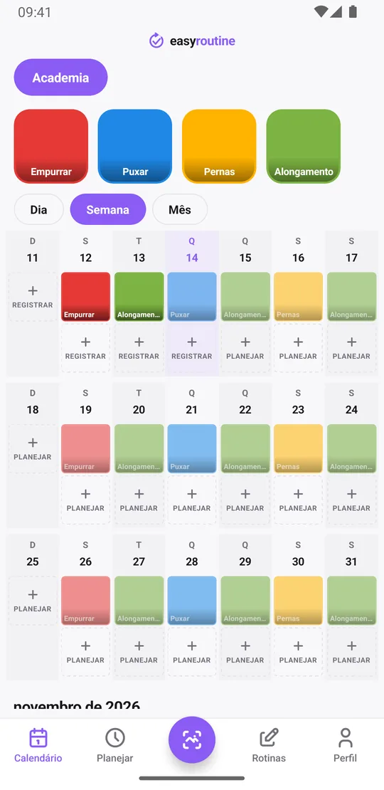 Visão semanal da rotina Academia no EasyRoutine com quadradinhos coloridos para os treinos registrados de Empurrar, Puxar, Pernas e Alongamento, e entradas esmaecidas para os treinos planejados