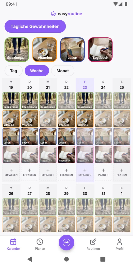 Wochenansicht der Routine Tägliche Gewohnheiten in EasyRoutine mit Kacheln für Spaziergang, Vitamine und Lesen an jedem Tag und der Kachel für Tagebuch nur an manchen Abenden, sonst blass