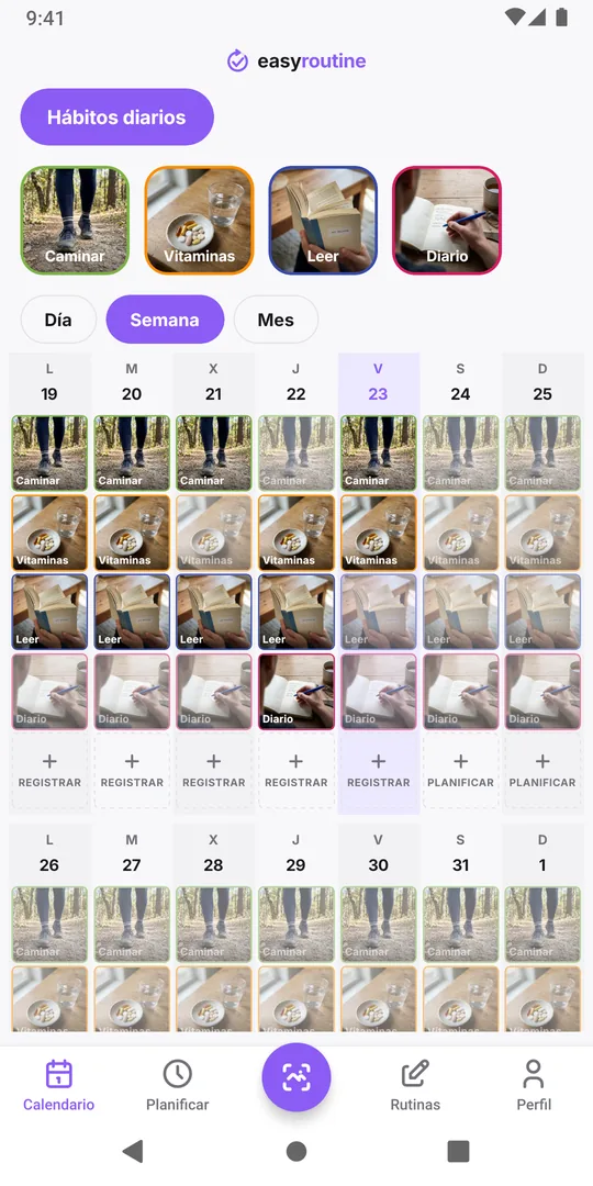 Vista de semana de la rutina Hábitos diarios en EasyRoutine con fichas para Caminar, Vitaminas y Leer cada día y la ficha de Diario solo algunas noches, atenuada en las demás