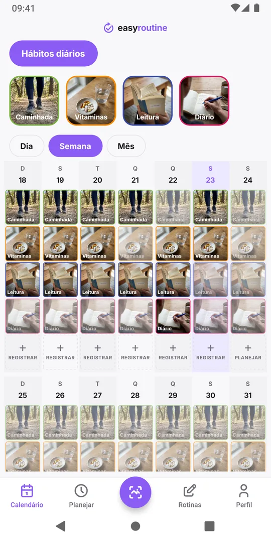 Visão de semana da rotina Hábitos diários no EasyRoutine com blocos para Caminhada, Vitaminas e Leitura todos os dias e o bloco de Diário só em algumas noites, esmaecido nas outras