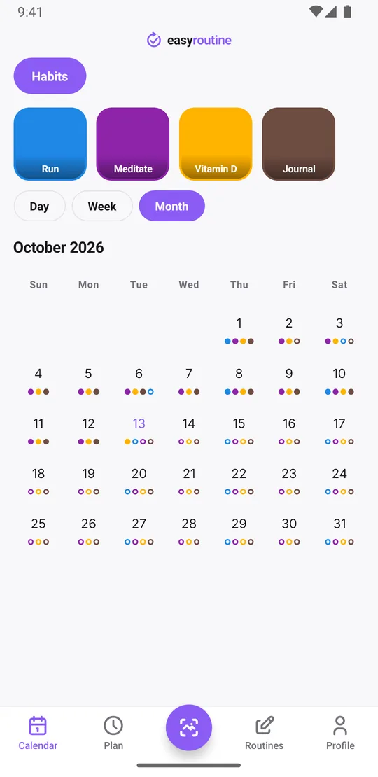 EasyRoutine month view of a Habits routine with colored dots for runs, meditation, vitamin D and journaling on most days