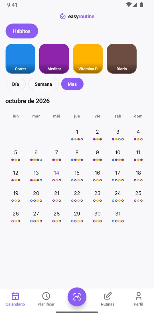 Vista mensual de EasyRoutine de la rutina Hábitos con puntos de colores para correr, meditar, vitamina D y diario la mayoría de los días