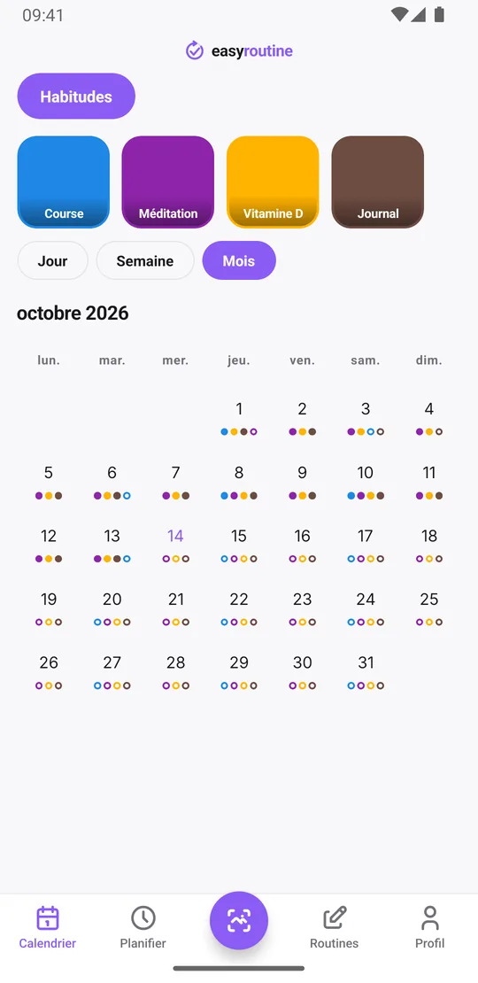 Vue mois d'EasyRoutine de la routine Habitudes avec des points colorés pour la course, la méditation, la vitamine D et le journal la plupart des jours